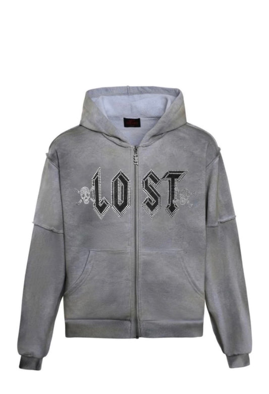 LOST INTRICACY Grey Grunge Zip Up Hoodie